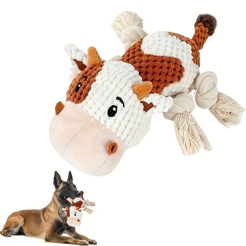 Dog Toy Cow Plush with Squeaker, Crinkle Paper, Woven Legs and Washable Construction for Multiple Dog Sizes