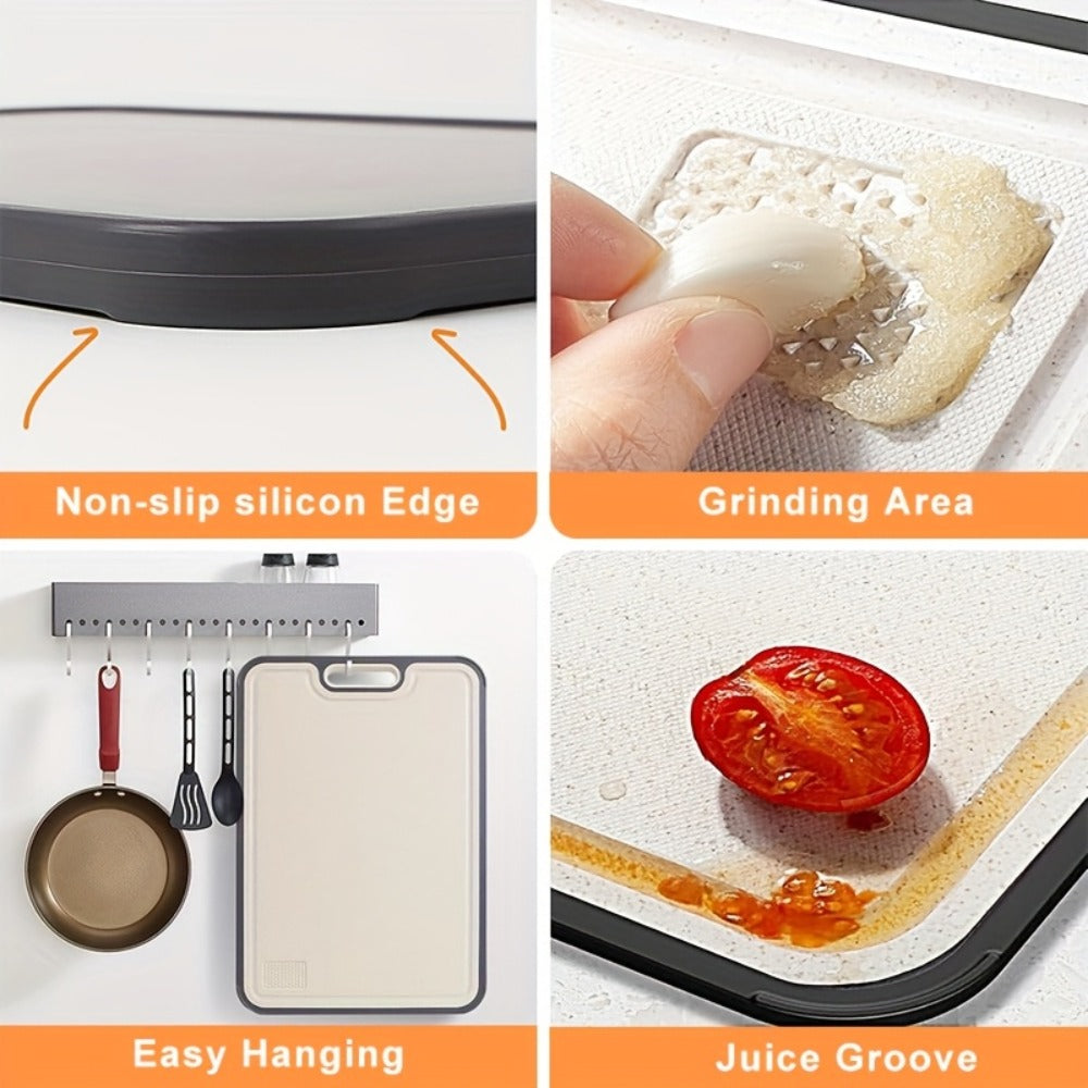 Double-Sided Cutting Board with Stainless-Steel and Wheat-Straw PP Faces, Handle and 16 x 11-Inch Size