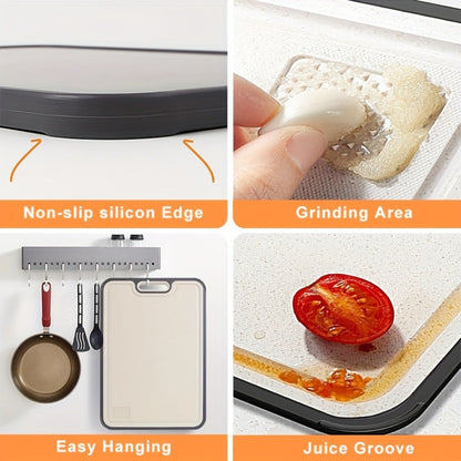 Double-Sided Cutting Board with Stainless-Steel and Wheat-Straw PP Faces, Handle and 16 x 11-Inch Size
