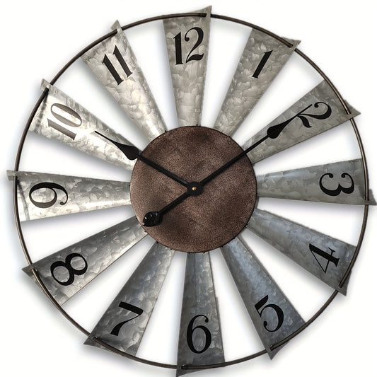 24-Inch Windmill-Style Metal Wall Clock with Galvanized-Look Silver Blades and Brown Analog Center