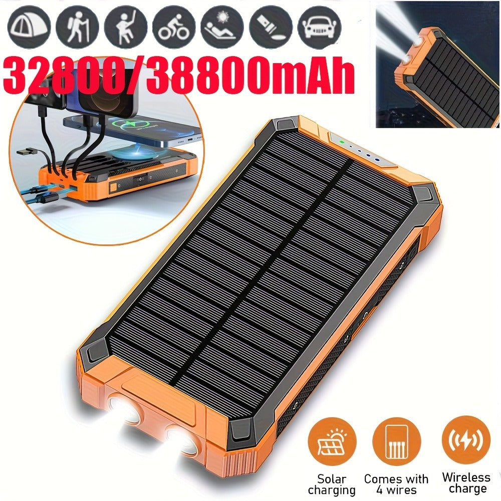 Solar Power Bank, 32800mAh or 38800mAh Wireless Charger with Up to Six Outputs, Dual Lights and Cable Options