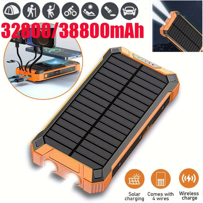 Solar Power Bank, 32800mAh or 38800mAh Wireless Charger with Up to Six Outputs, Dual Lights and Cable Options