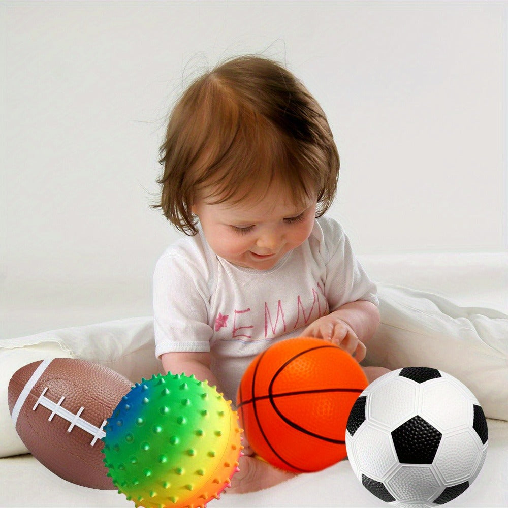 Kids Playground Ball Set 7-Pack with Air Pump, 10.6 Inch Outdoor Ball Plus 6-Inch Basketball Football Rugby