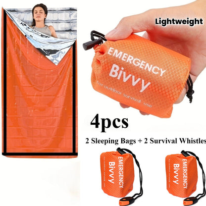 Emergency Sleeping Bag 4-Pack with Survival Whistles – Mylar Thermal Blanket Shelter Bag, Lightweight Waterproof Bivy Sack for Camping