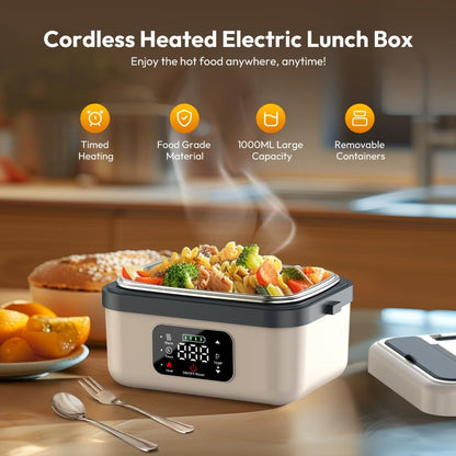 Heated Lunch Box, 8000mAh Battery-Powered 60W Food Warmer with 1L Stainless Steel Inner Container