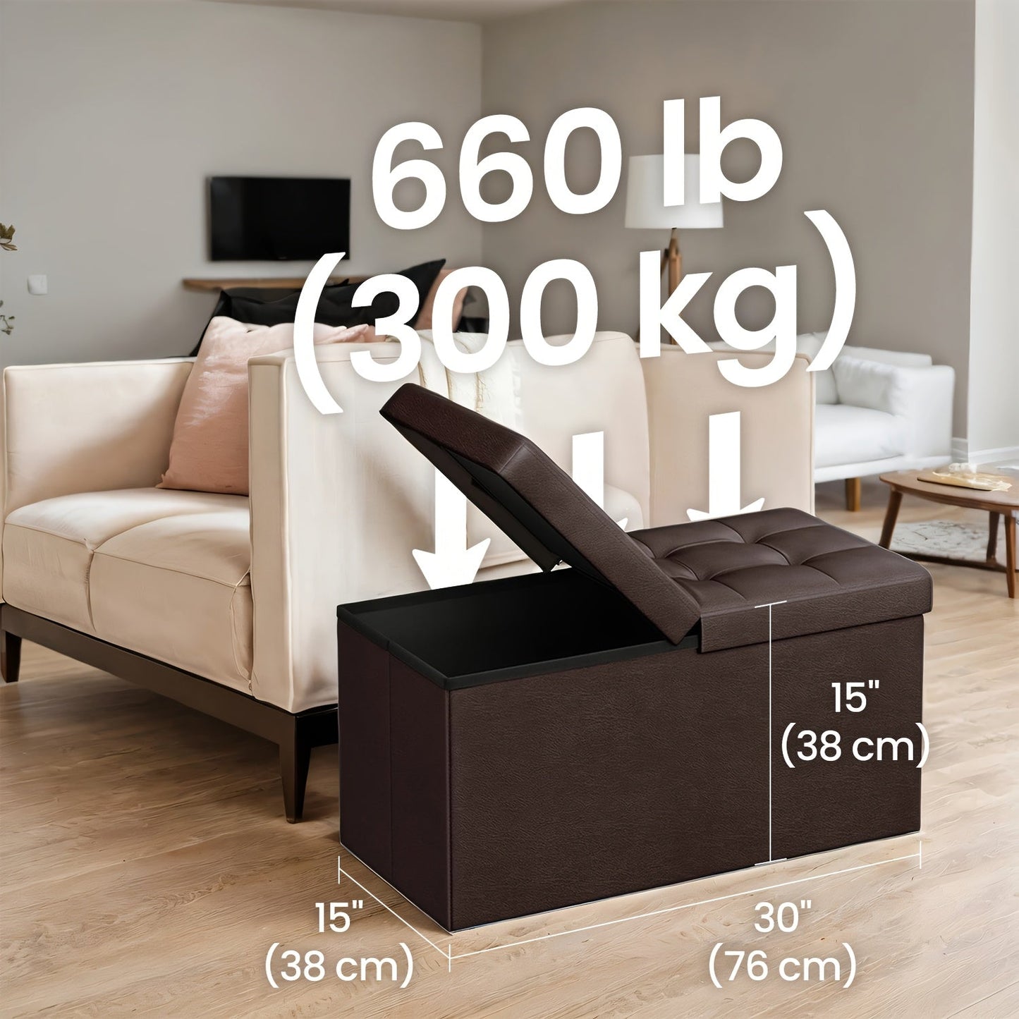 Storage Ottoman with Flip Top Lid, Foldable Faux Leather Chest Stool, 30" Wide Extra Seating & Blanket Storage for Entryway