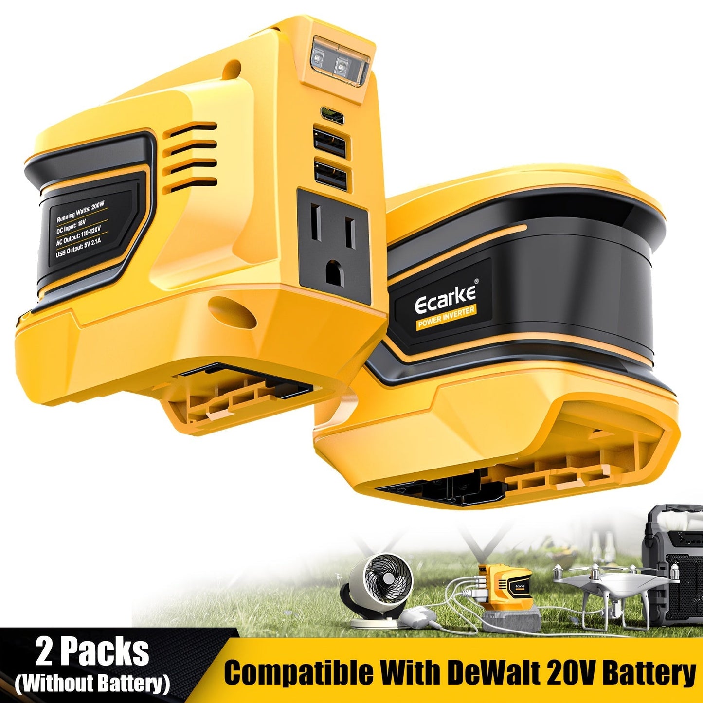 Battery Inverter for Dewalt 20V & 18V - 200W/350W/550W DC to AC 110V, USB, Type-C & AC Outlet, LED Work Light