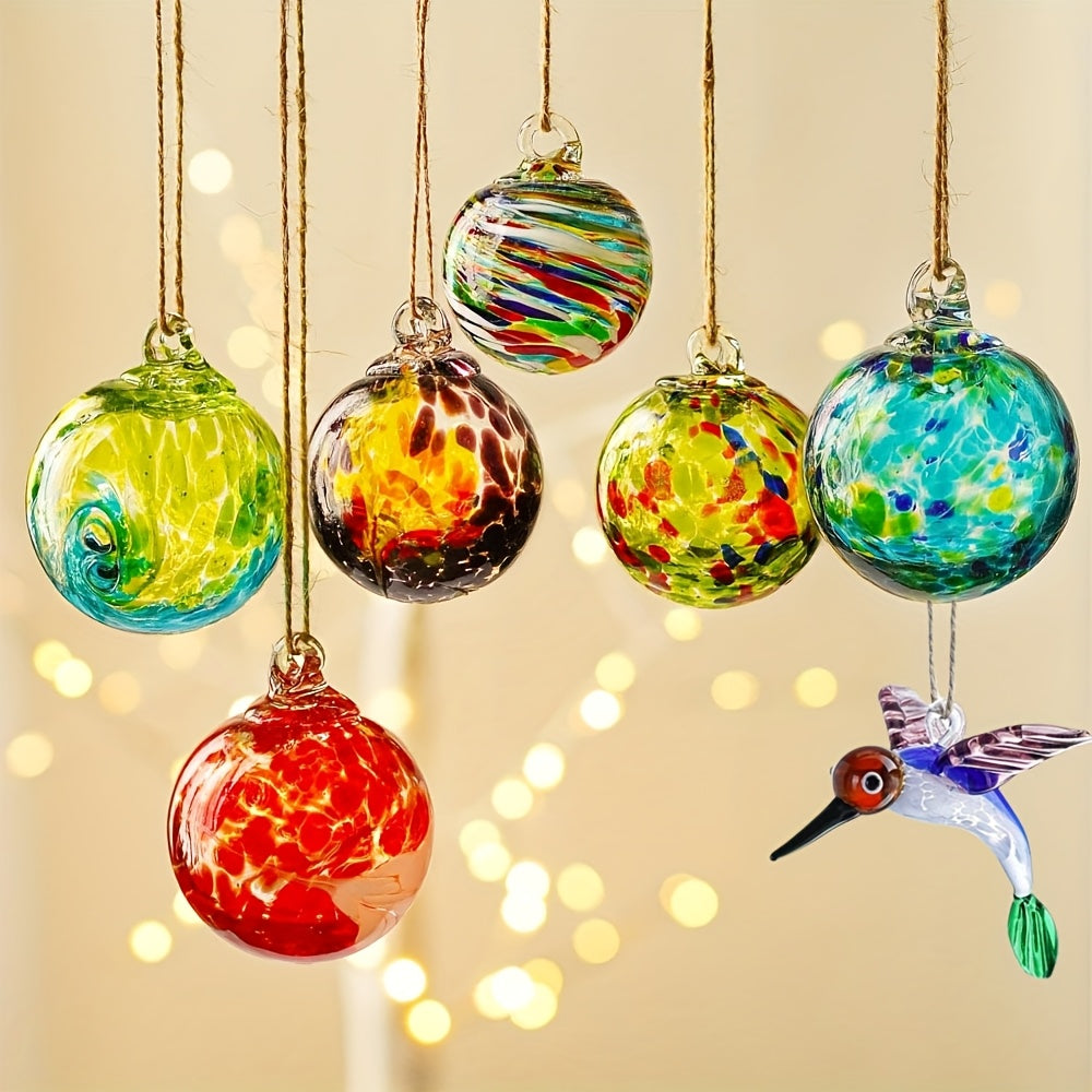 Hand Blown Glass Christmas Ornaments Set of 6 - Multicolor Hanging Ball Decorations for Entryways, Bedrooms and Living Spaces