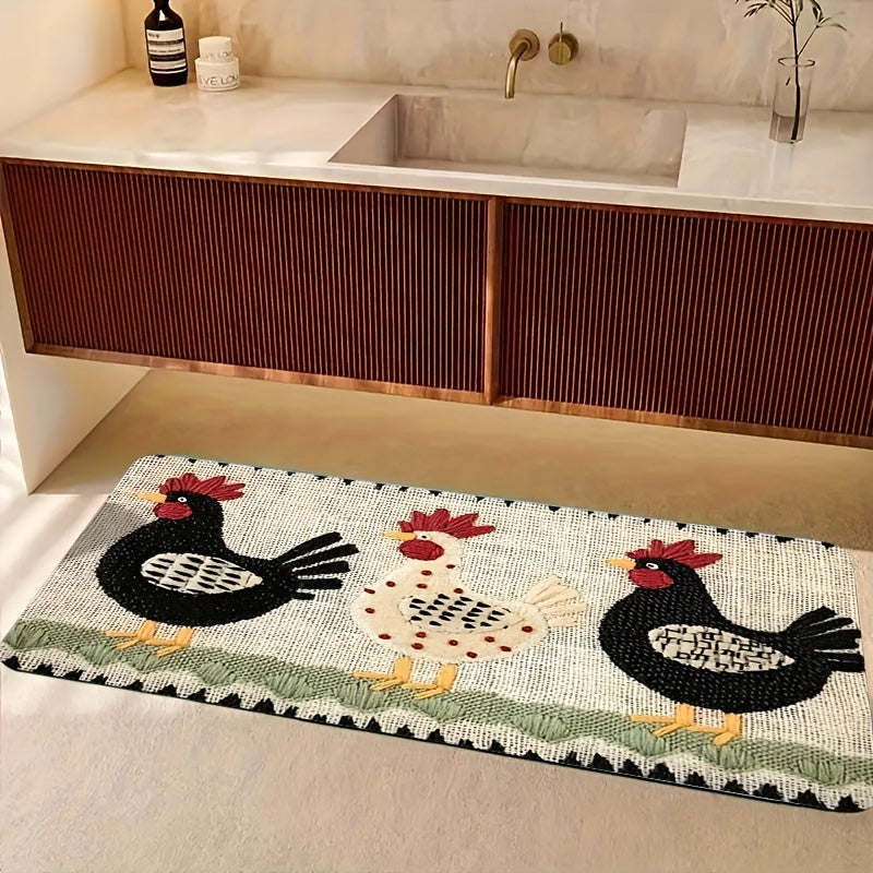 Rooster Print Door Mat with Light Striped Field and Fringed-Look Border in Three Rectangles or One Runner
