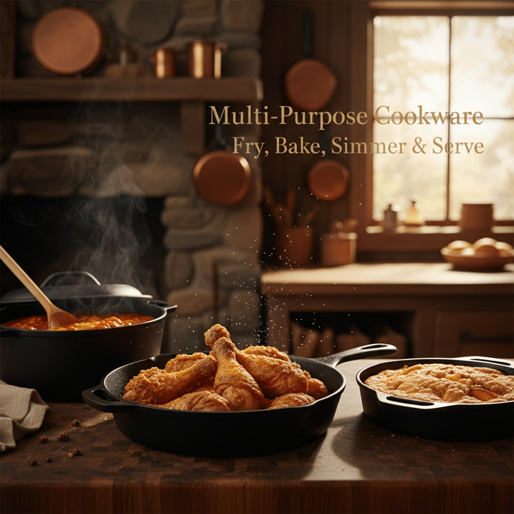 Cast Iron Cookware Set for Kitchen Camping BBQ – Non-Stick Skillet Dutch Pot Frying Pan Baking Tray Griddle Options