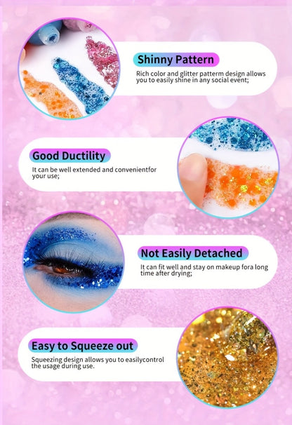 Face Body Glitter Gel Set 30 Pieces – Colorful Shapes Mermaid Sequin Stars Hearts, Transparent Gel Base, Skin-Safe Shimmer Makeup