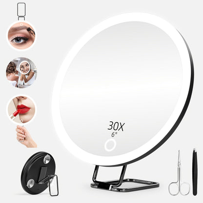 30X LED Magnifying Mirror Rechargeable 6-Inch Lighted Handheld Pocket Mirror with Hanging Loop – Portable Travel Vanity Mirror for Precision