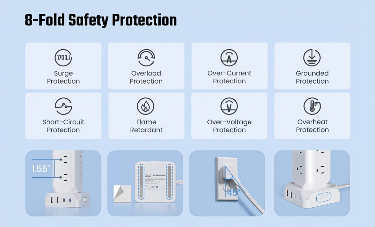 Power Strip Tower 16-in-1 Surge Protector 12 AC Outlets 4 USB Ports USB-C PD20W 1800J Protection for an Everyday Personal Care Routine