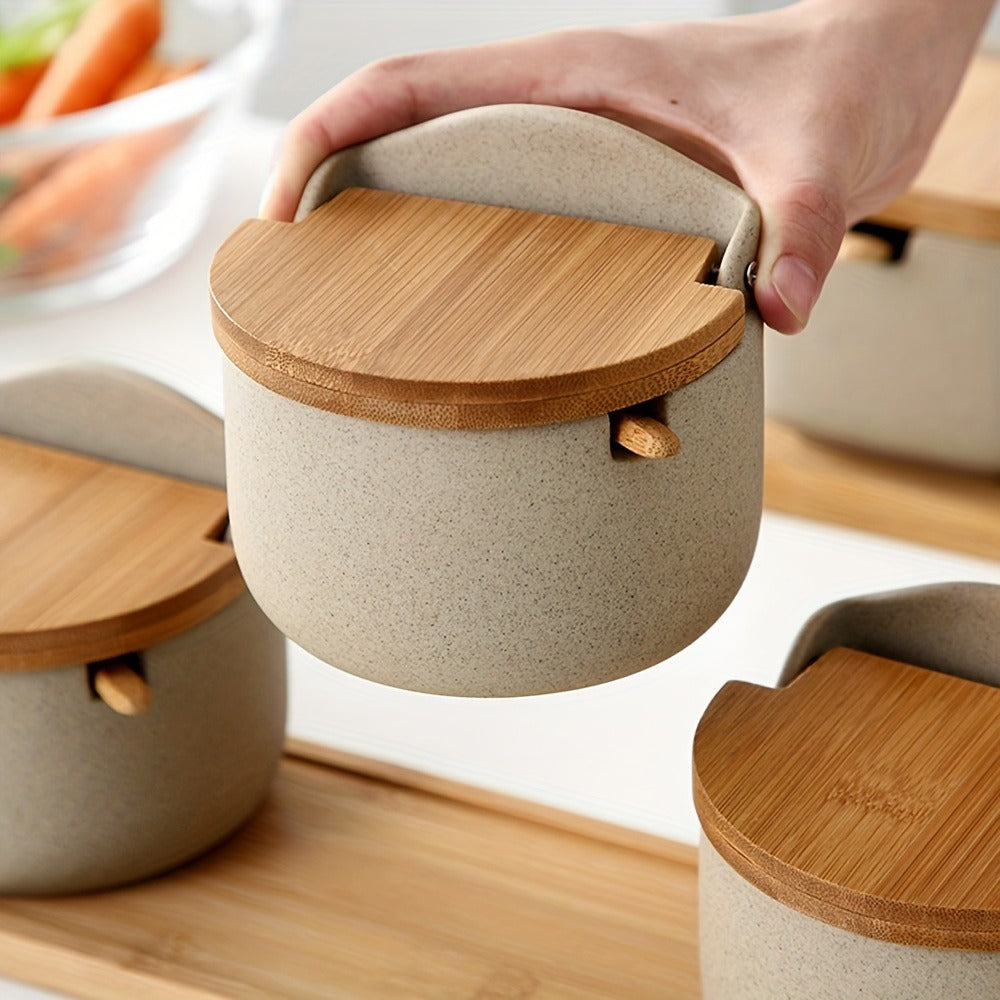 Ceramic Seasoning Pot Set with Lid & Spoon – Salt Pepper Spice Jar Container with Tray Kitchen Condiment Storage Organizer for Counter
