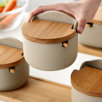 Ceramic Seasoning Pot Set with Lid & Spoon – Salt Pepper Spice Jar Container with Tray Kitchen Condiment Storage Organizer for Counter