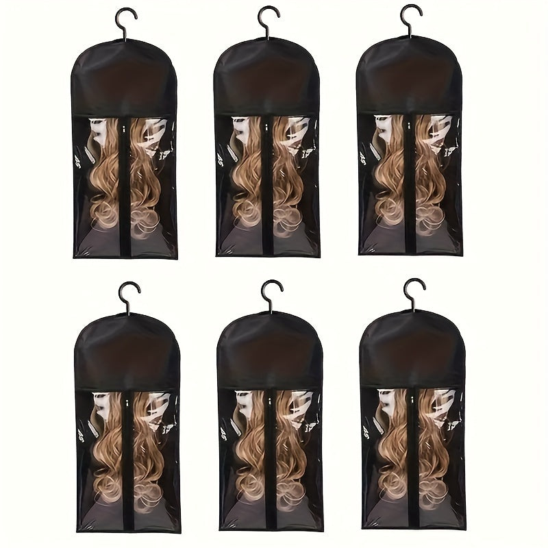 Hanging Wig Storage Bags, Six-Piece Black Set with Clear Front Panels, Zippers and Integrated Hangers