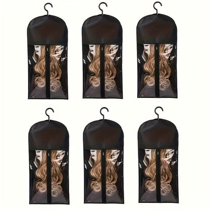 Hanging Wig Storage Bags, Six-Piece Black Set with Clear Front Panels, Zippers and Integrated Hangers