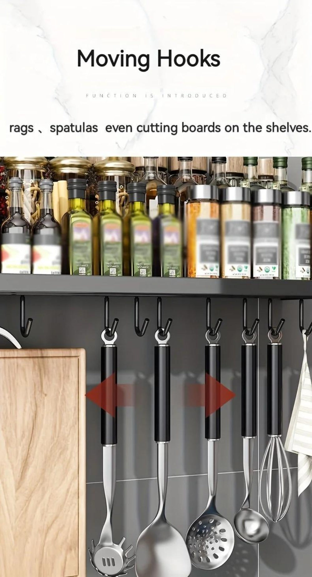 Wall-Mounted Kitchen Organizer with Two Storage Tiers, Knife Slots, Chopstick Cup and Towel Bar