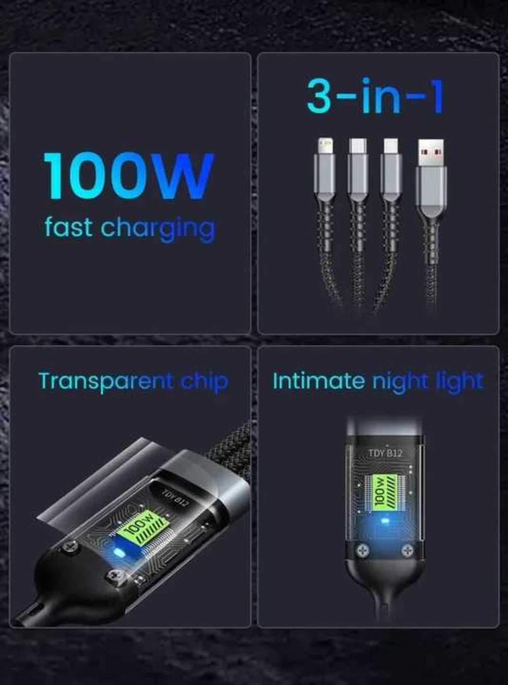 MFi 3-in-1 Charging Cable 100W Fast Charge 4/8 Pack for an Everyday Personal Care Routine, with Listed Configuration