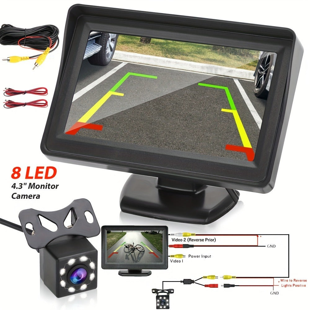 Backup Camera Kit with 4.3 Inch Monitor – 8 LED HD Night Vision Reversing Camera | 1080p Wide Angle | USB Powered | for Car, Truck