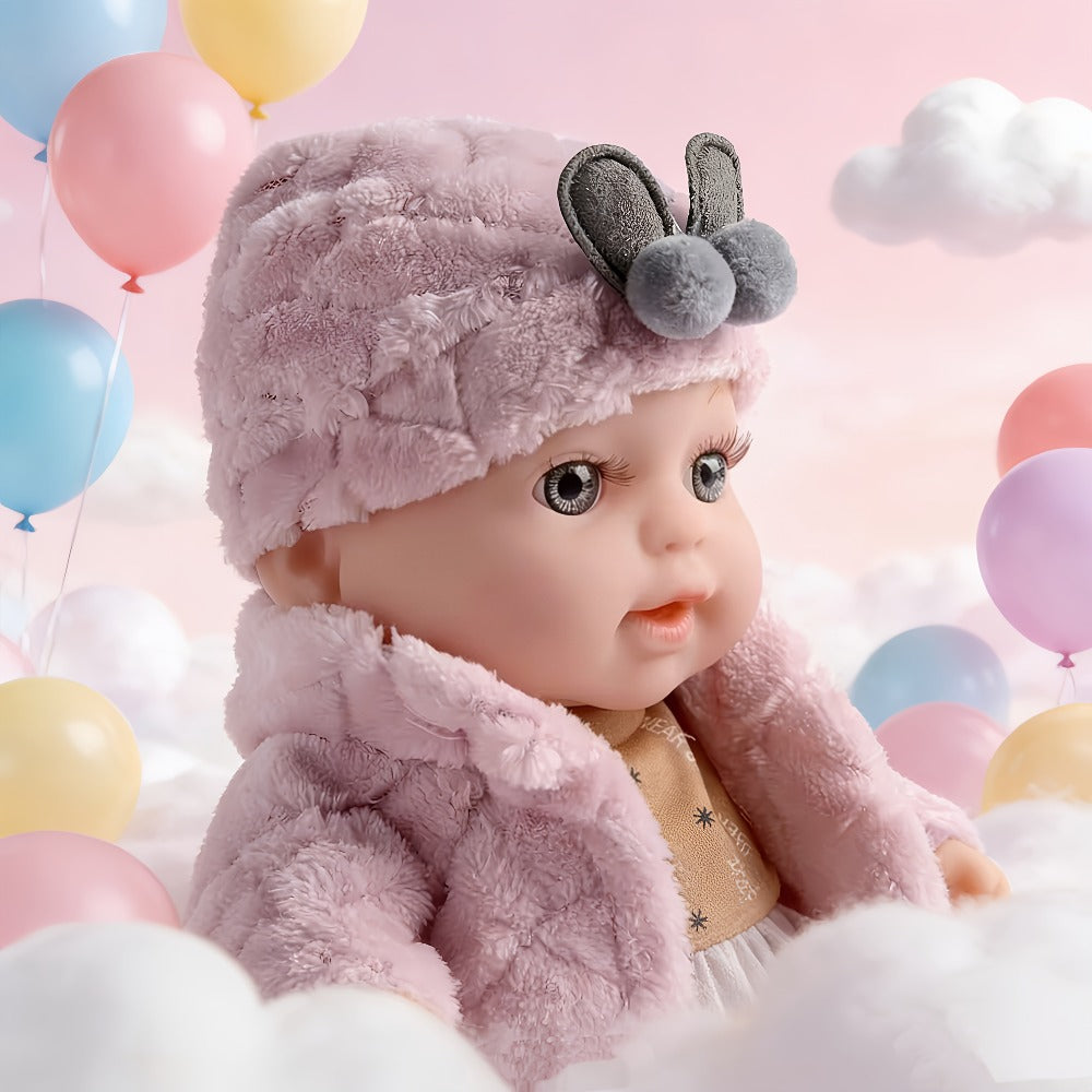 Pink Baby Doll with Open-Eye Face, Pacifier and Textured Outfit Across Three Checkout Style Labels