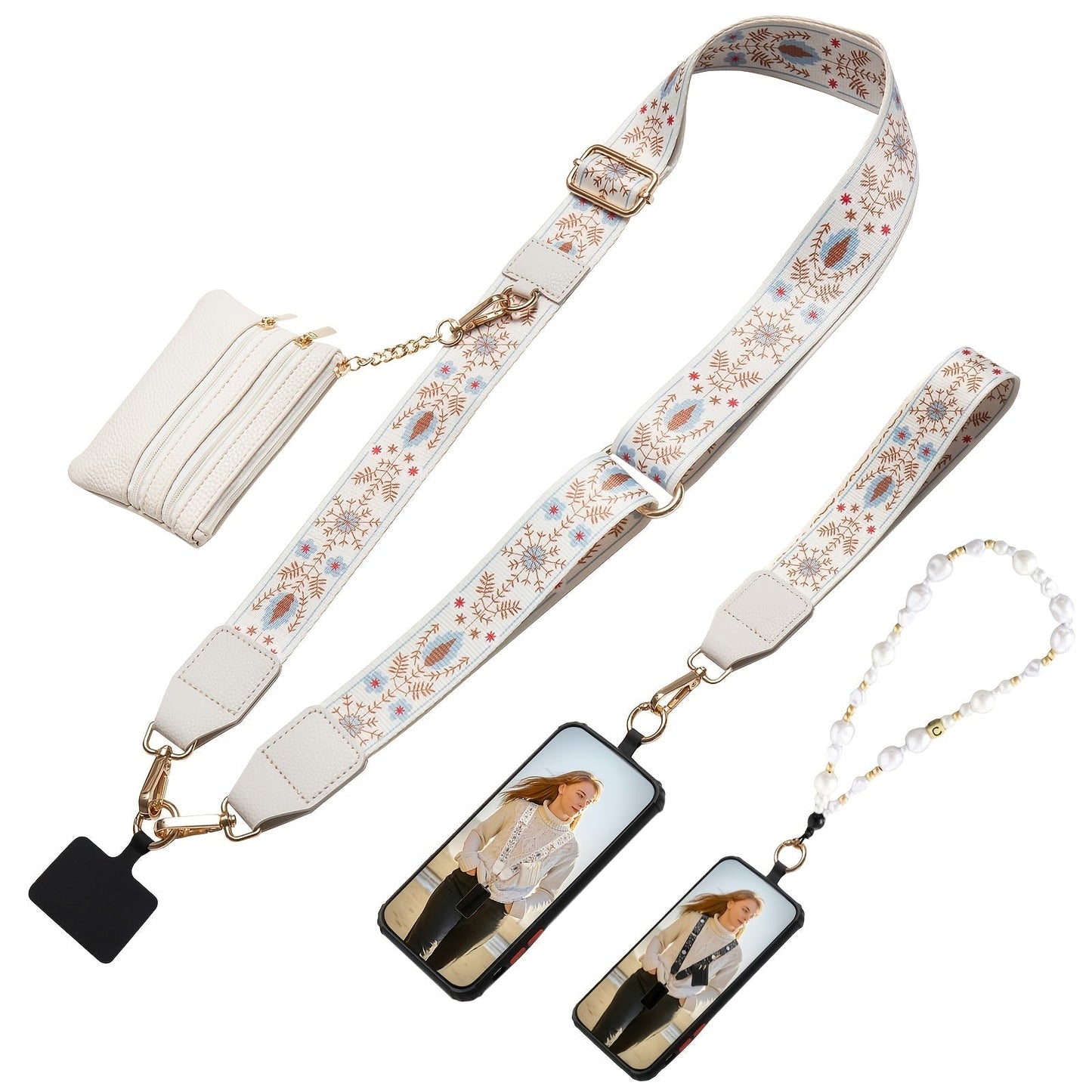 Phone Lanyard Crossbody Strap with Zipper Pouch & Beaded Charm Adjustable Hands-Free Cell Phone Shoulder Strap