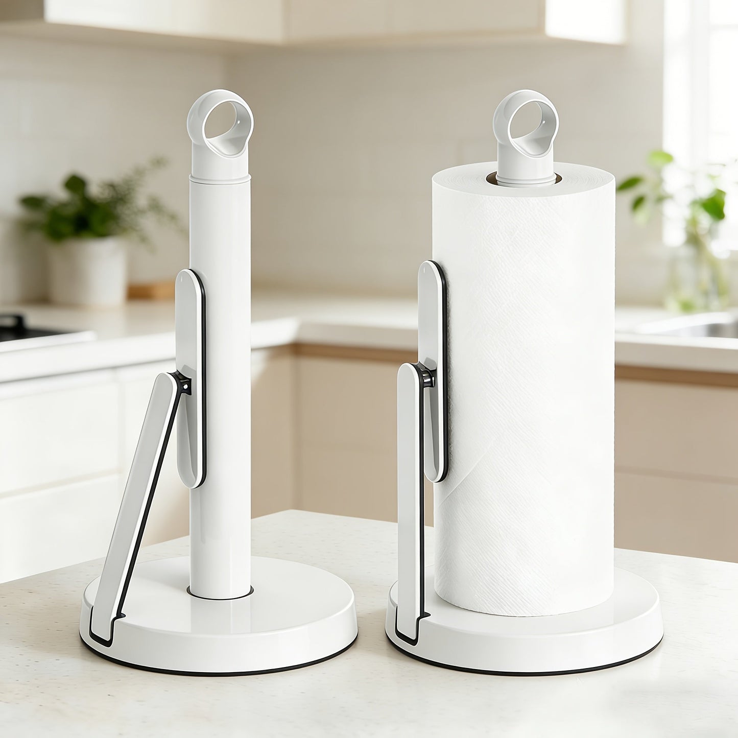 Paper Towel Holder Countertop – Stainless Steel Standing Dispenser with Tension Arm for One-Handed Tear