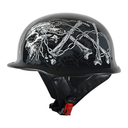 German Style Motorcycle Half Face Helmet – Novelty Skull & Carbon Fiber Design, UV Glossy Finish, Removable Washable Padding