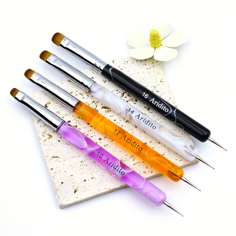 Nail Art Brush Set 4pcs Fine Tip Detail Brushes with Dotting Tool – Nylon Bristle Precision Manicure Brushes #10 #12 #14 #16 for Gel Acrylic