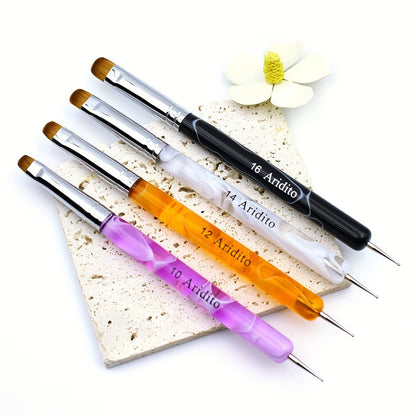 Nail Art Brush Set 4pcs Fine Tip Detail Brushes with Dotting Tool – Nylon Bristle Precision Manicure Brushes #10 #12 #14 #16 for Gel Acrylic
