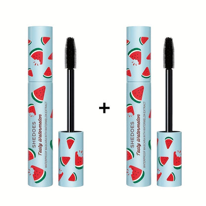 Black Mascara Two-Piece Set in Blue Watermelon-Print Tubes with Straight Black Bristle Applicator Wands