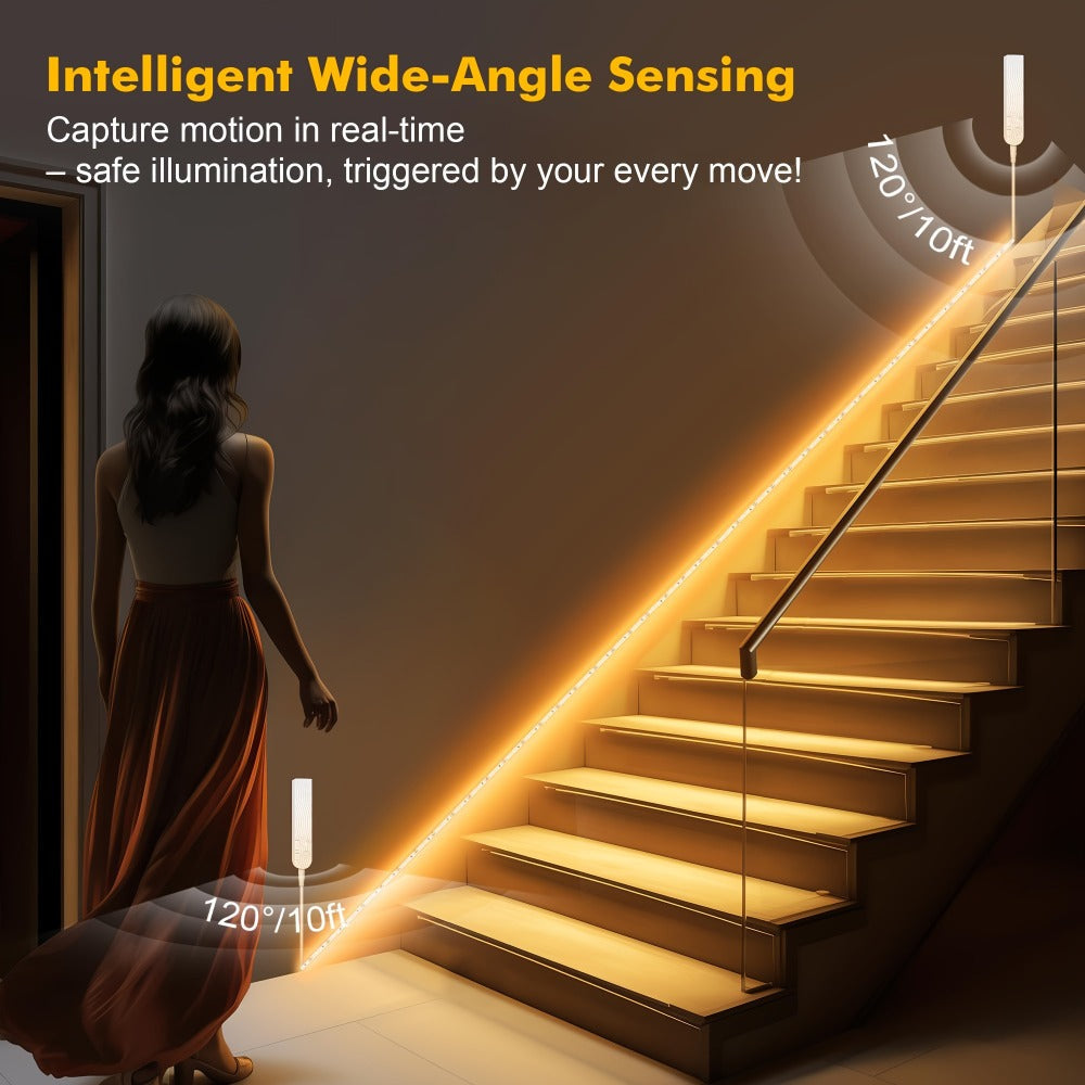 Motion Sensor LED Light Strip Kit with 16.4ft Strip, 2200mAh-Labeled Rechargeable Pack and One- or Two-Piece Options