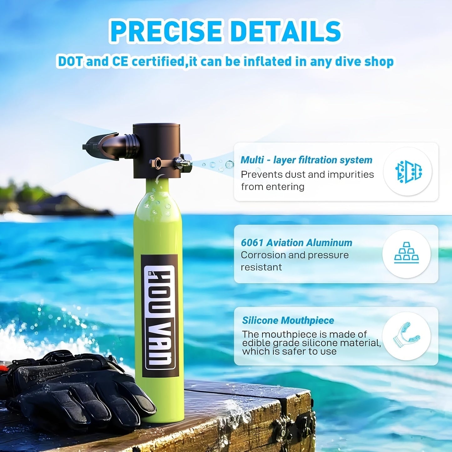 Mini Scuba Tank Set 0.5L – Reusable Diving Cylinder with Hand Pump, 3000PSI 200Bar, 35 Breaths Backup Air for Shallow Water Diving Reef