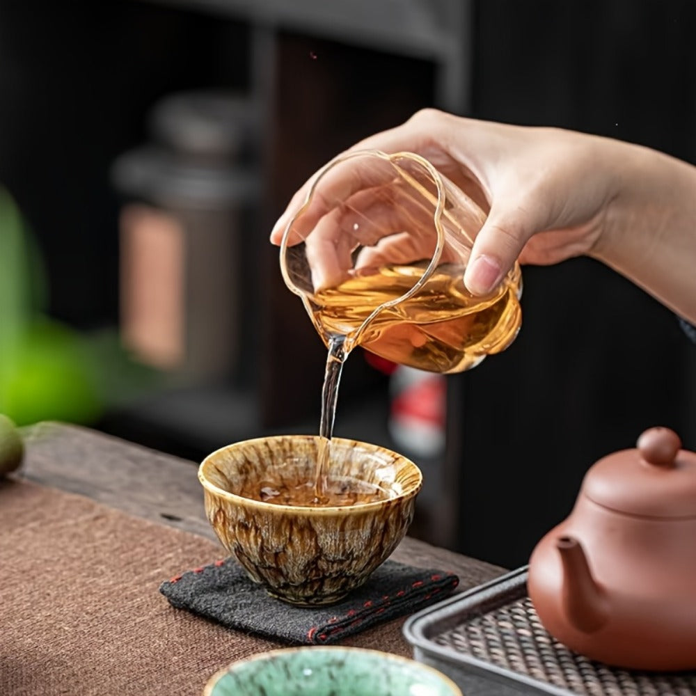 Kung Fu Tea Cups Set of 5 – Handmade Kiln-Fired Jianzhan Ceramic Teacups – Five-Element Design in 5 Colors with Gift Box