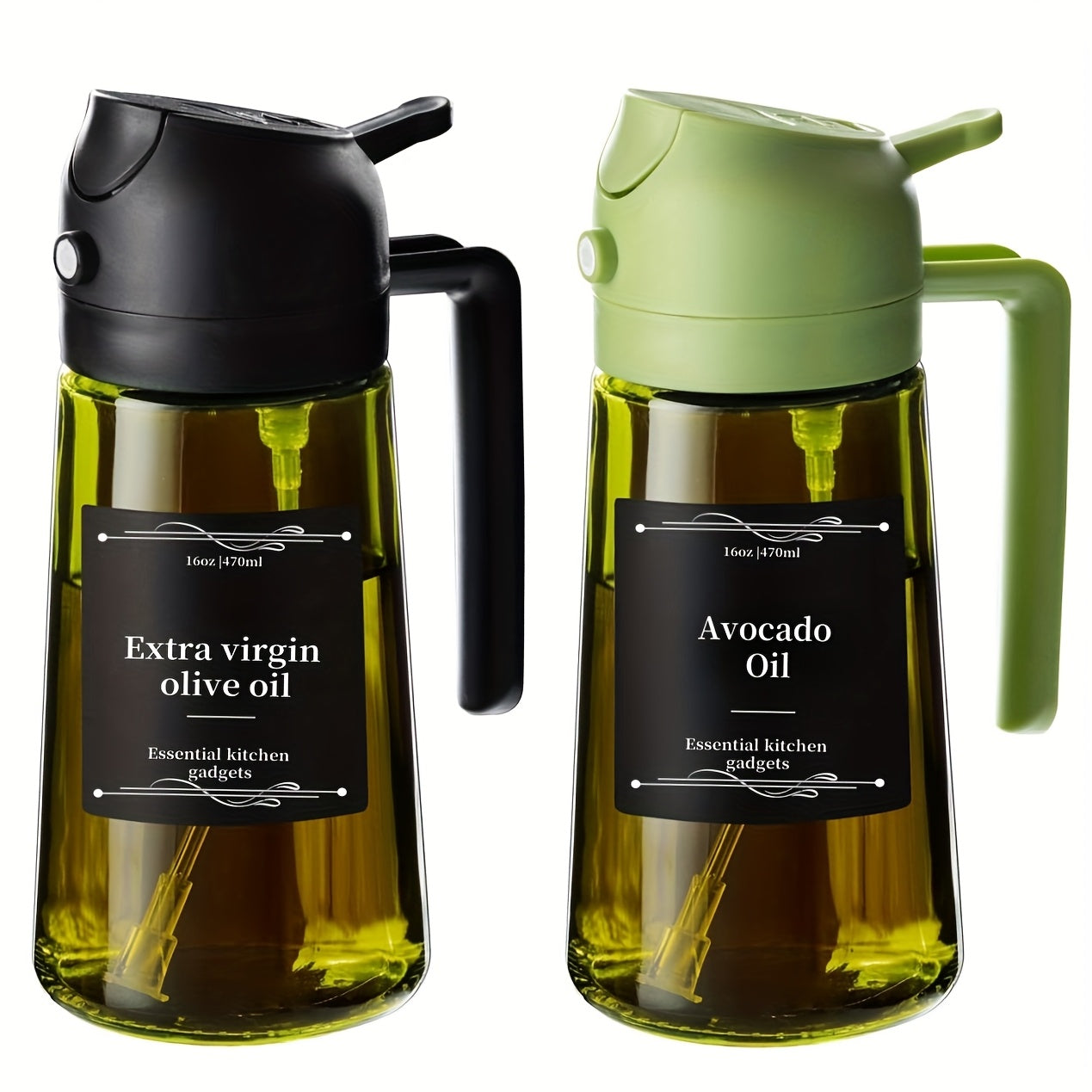 Olive Oil Dispenser Bottle 2-in-1 Glass Oil Sprayer & Dispenser 16oz Kitchen Cooking Oil Bottle with Labels for BBQ, Salad