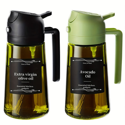Olive Oil Dispenser Bottle 2-in-1 Glass Oil Sprayer & Dispenser 16oz Kitchen Cooking Oil Bottle with Labels for BBQ, Salad