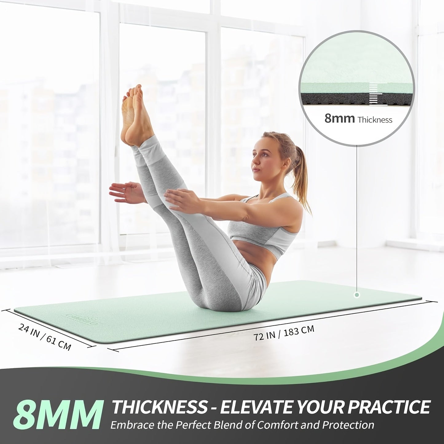 TPE Yoga Mat Non-Slip 72 x 24 Inch – Eco-Friendly Exercise Mat with Carrying Strap for Women & Men, Extra Thick Cushioning for Yoga
