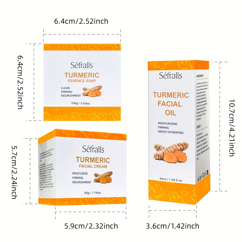 Turmeric Skincare Set 3 Pcs – Turmeric Face Cream, Facial Soap & Essential Oil Kit for Deep Pore Cleansing, Brightening & Moisturizing
