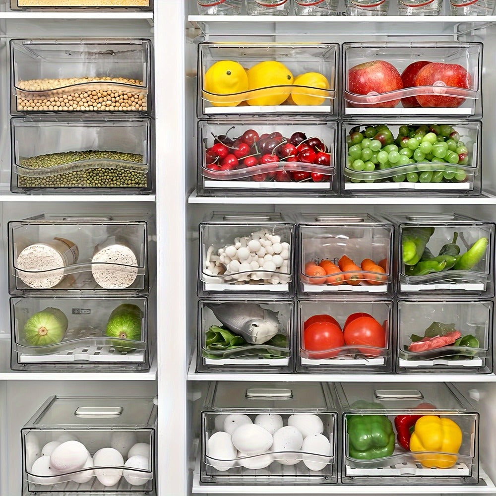 Stackable Fridge Organizer Bins with Drawer, Refrigerator Storage Containers with Drain Board & Ventilation