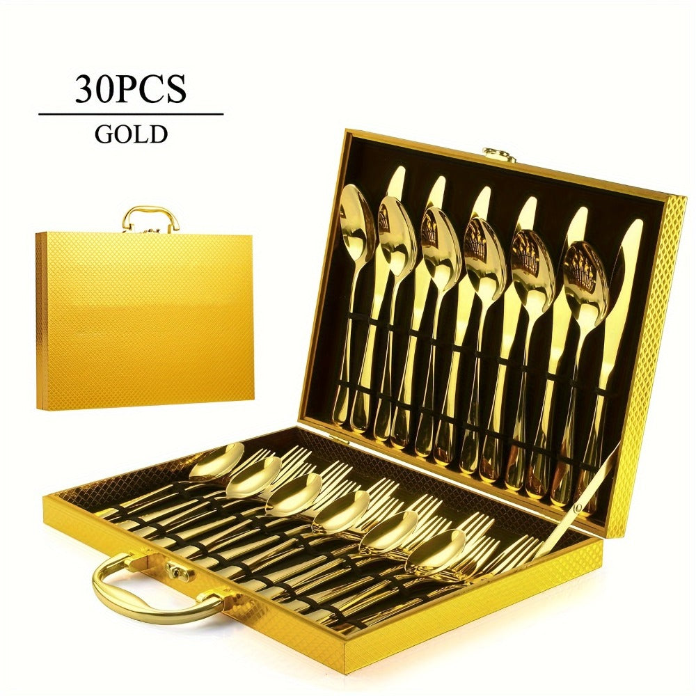 Thirty-Piece Gold-Tone Flatware Set for Six with Five-Piece Place Settings and Fitted Presentation Case