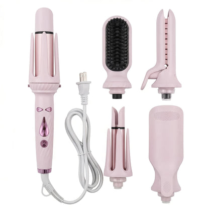 5-in-1 Hair Styler Set with Interchangeable Curling Wand & Straightening Brush - Multi Barrel Curling Iron Kit for Waves