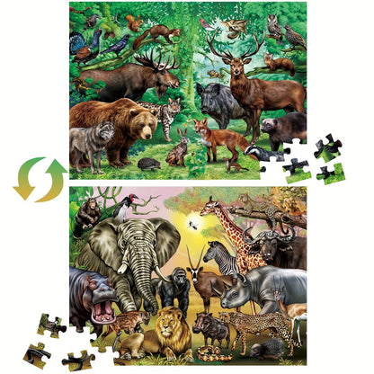 Double Sided Puzzle for Kids 100 Pieces Jungle Animals, 2-in-1 Jigsaw Educational Toy for Boys & Girls Ages 3 4 5 6 7 8