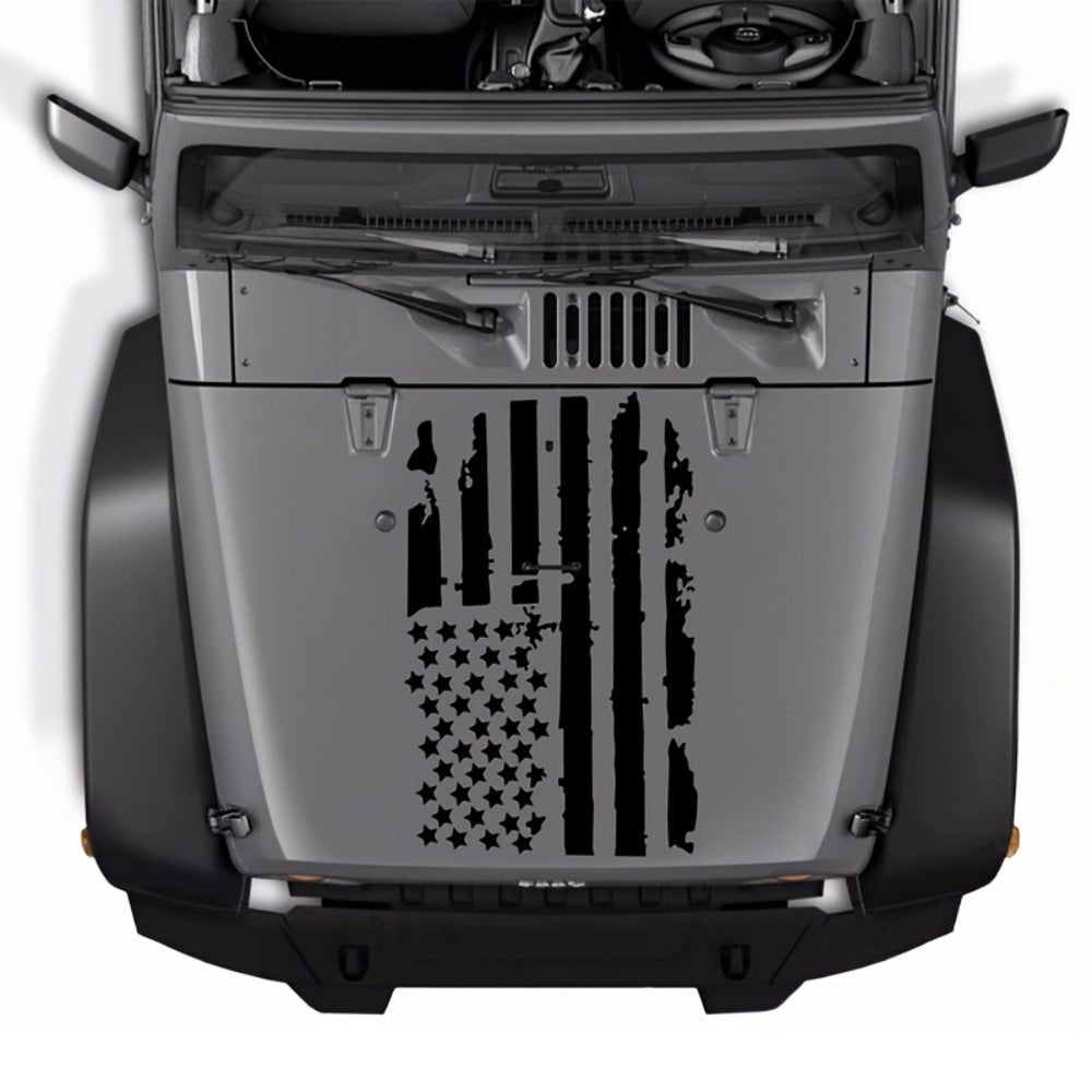 Distressed American Flag Hood Vinyl Decal, 35.4 × 19.7 Inches in Black or Transparent-Base Black