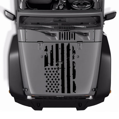 Distressed American Flag Hood Vinyl Decal, 35.4 × 19.7 Inches in Black or Transparent-Base Black