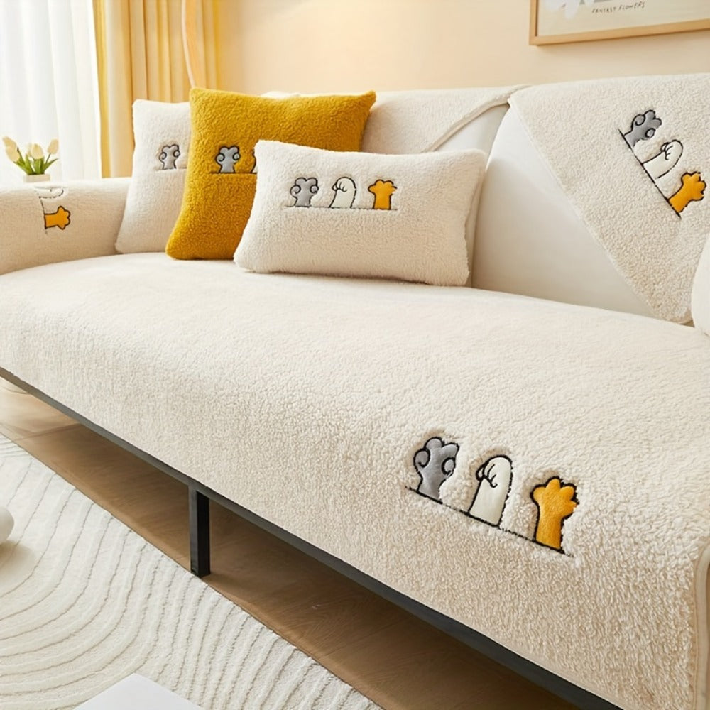 Sofa Cover Thick Plush Shearling Panels with Animal and Bone Embroidery and Backing Detail for 2 to 4 Seats