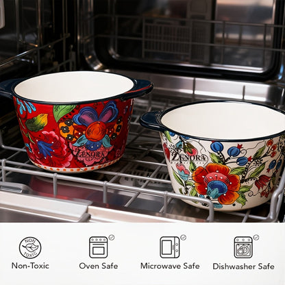 Giant Ceramic Extra-Deep Serving Bowl With Handles, 101oz, Bohemian Hand-Painted, Chip-Resistant