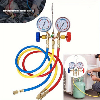 AC Manifold Gauge Set 3-Way with Color-Coded Hoses & Adapters for R134A R22 R12 R404A – HVAC Diagnostics A/C Recharge Leak Detection 0-500