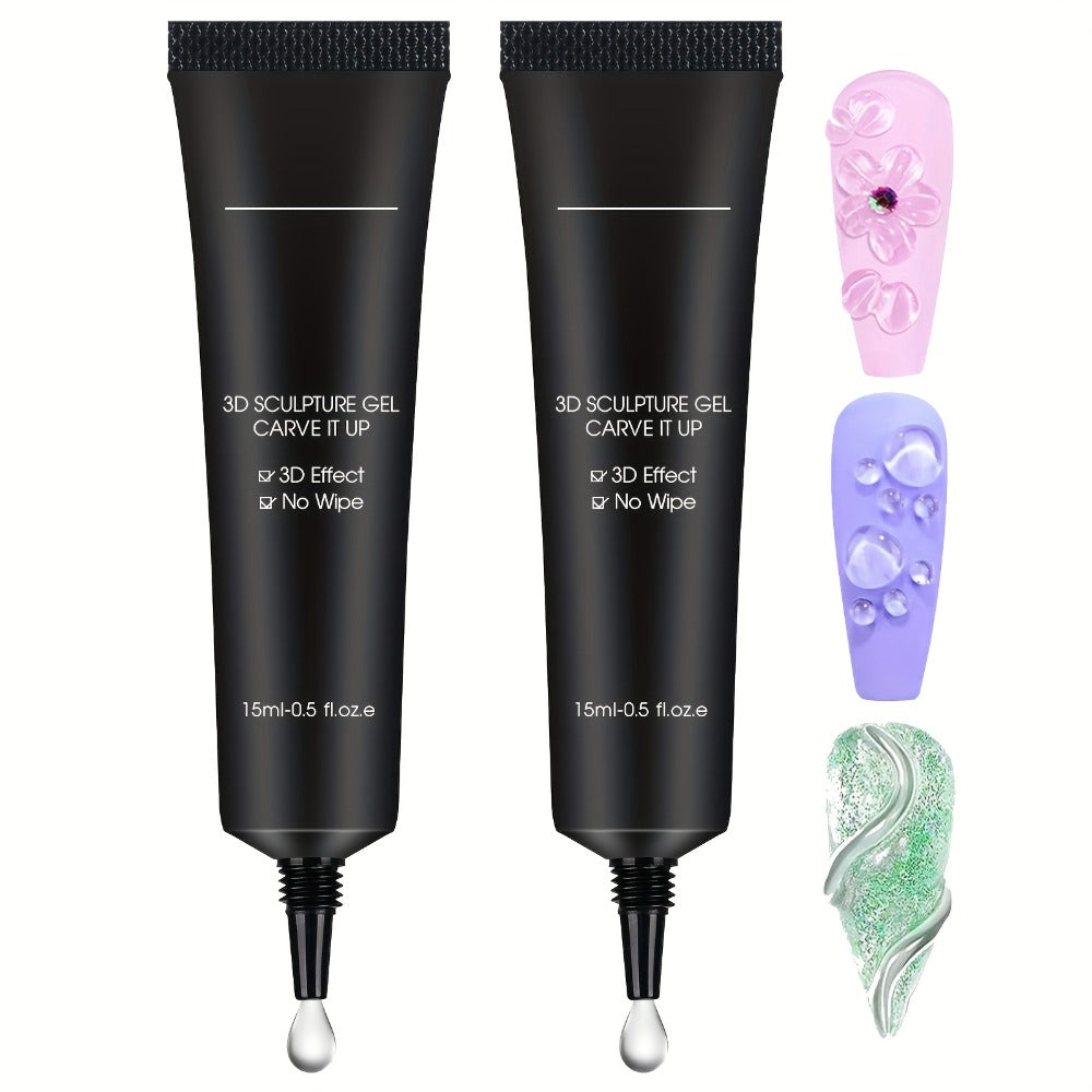 No Wipe Clear 3D Nail Sculpting Gel 2pcs 0.51oz DIY Carving Gel for Raised 3D Designs Flowers Swirls Painting Decoration UV LED Builder Gel