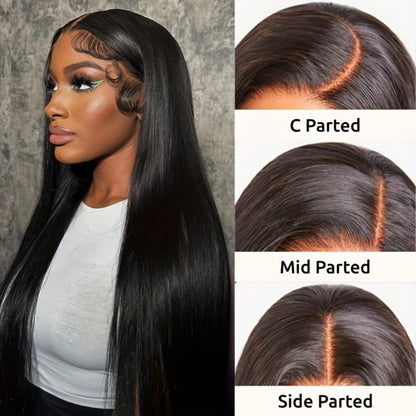 Glueless Straight Human Hair Wig 4x4 Lace Closure Pre-Plucked Natural Hairline Versatile Parting Natural Black 12-28 Inch Women No Glue