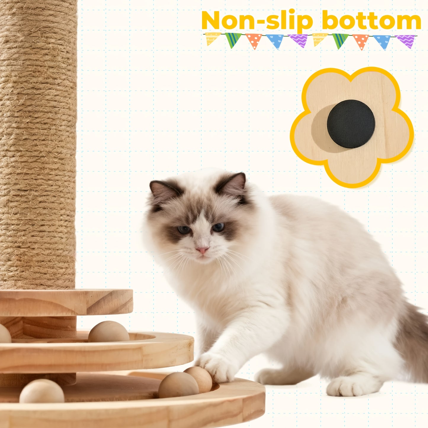 Multi-Level Sisal Cat Scratching Post 4-in-1 with 6 Wooden Balls 2 Hanging Balls & 2 Feather Teaser Toys – Premium Thickened Sisal Anti-Slip